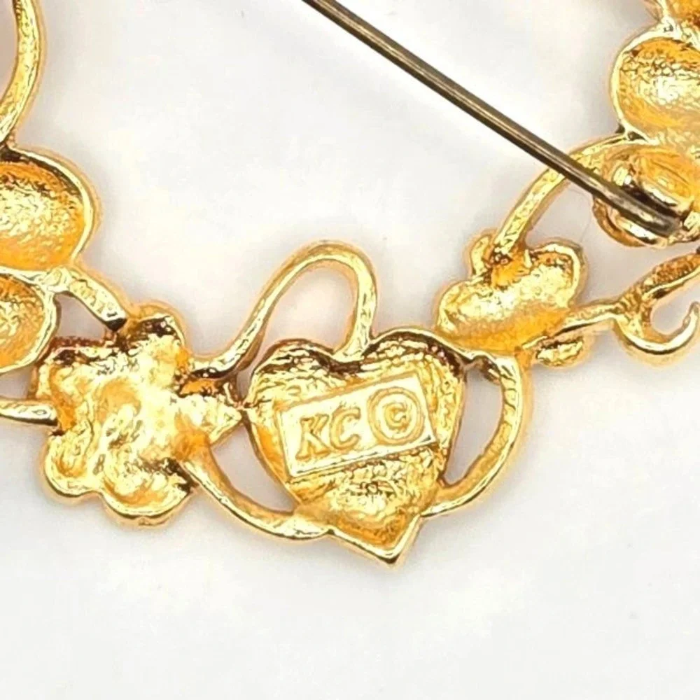 Kenneth Cole Floral Wreath Brooch Gold Tone Flowers Enamel Rhinestone‎